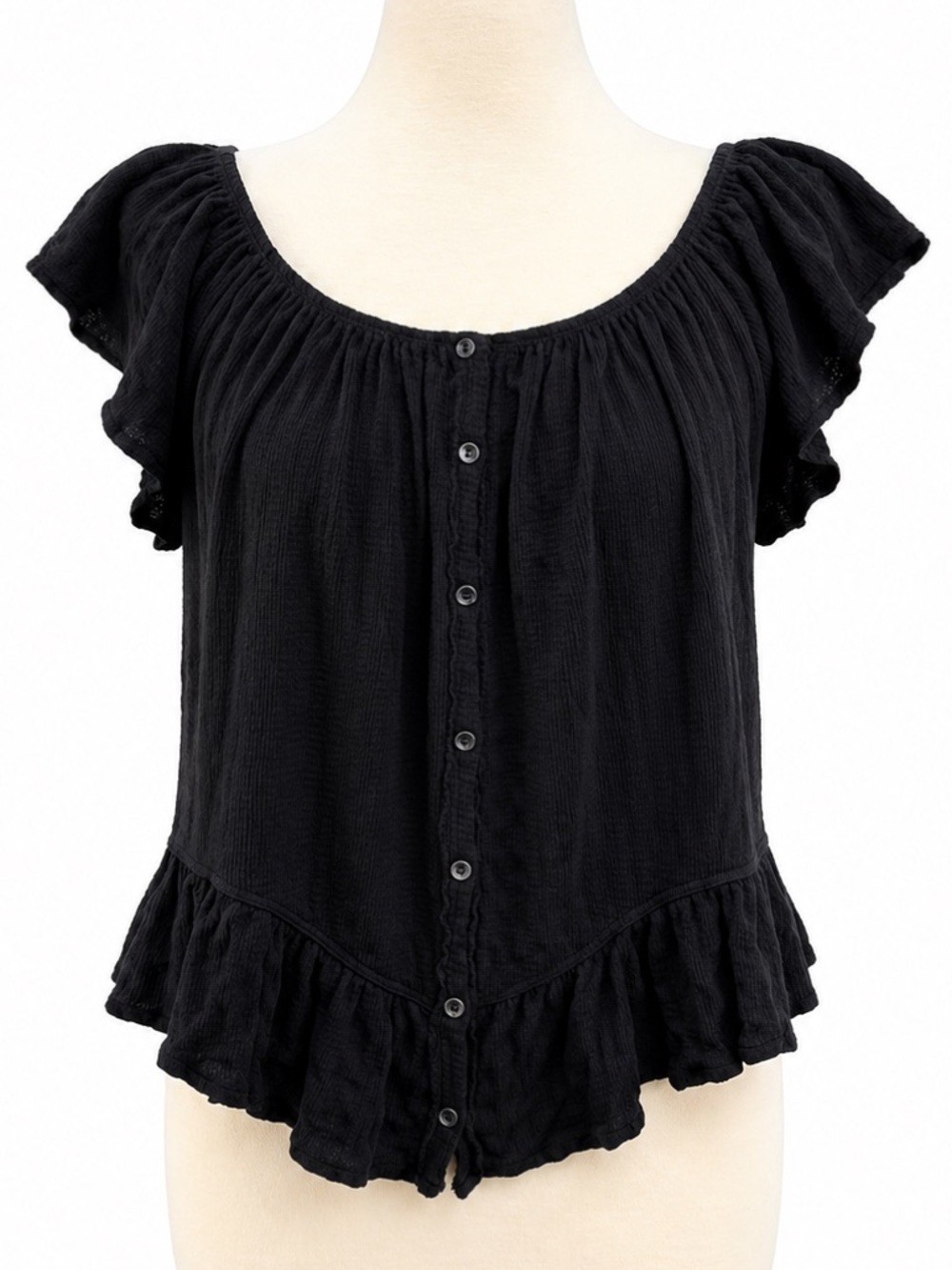 Free People We The Free Black Boho Off Shoulder Peplum Top Large Button Front